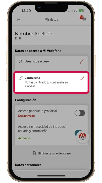 Sección de contraseña de la aplicación Mi Vodafone