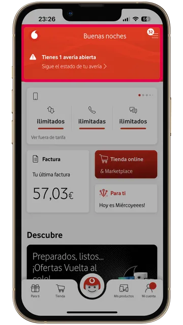 Captura móvil de Mi Vodafone con mensaje de avería