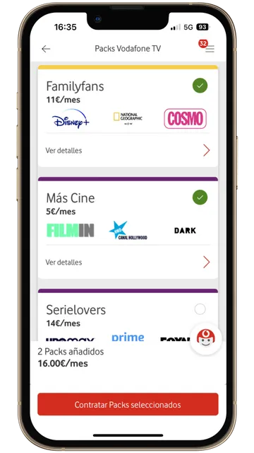 Captura móvil del listado de packs cine y series en Mi Vodafone