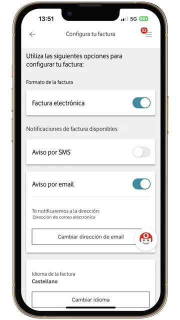 Captura móvil del menú Configurar factura de Mi Vodafone