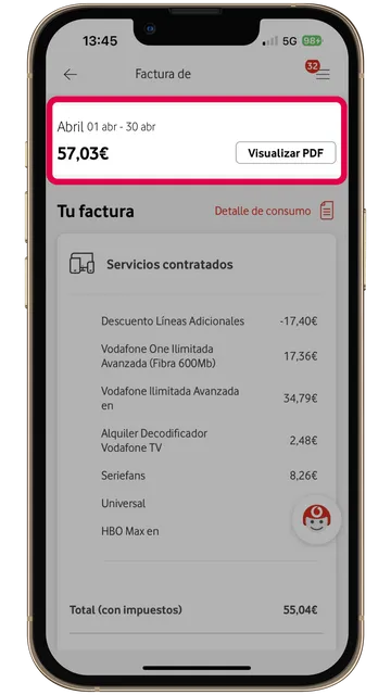 Captura móvil de detalle de la sección facturas en Mi Vodafone