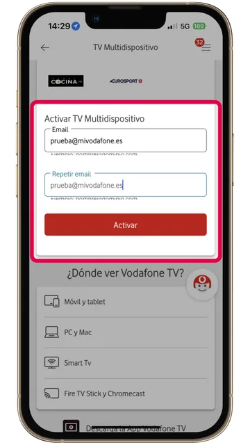 Captura móvil del formulario para activar multidispositivo Vodafone
