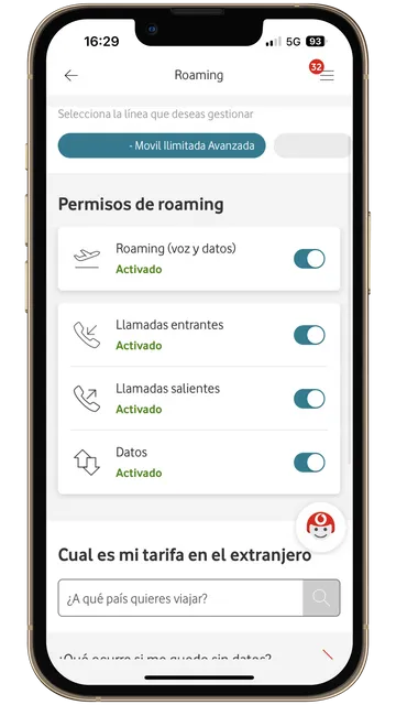 Captura móvil del menú roaming completo en la app Mi Vodafone