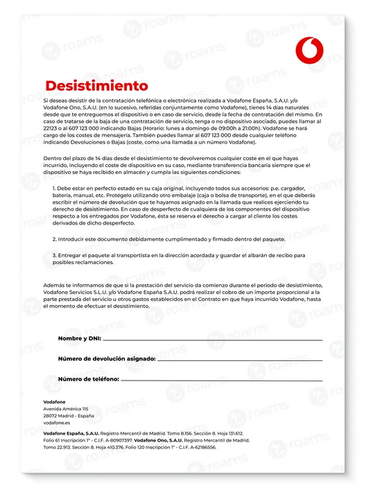 Documento para desistimiento de Vodafone