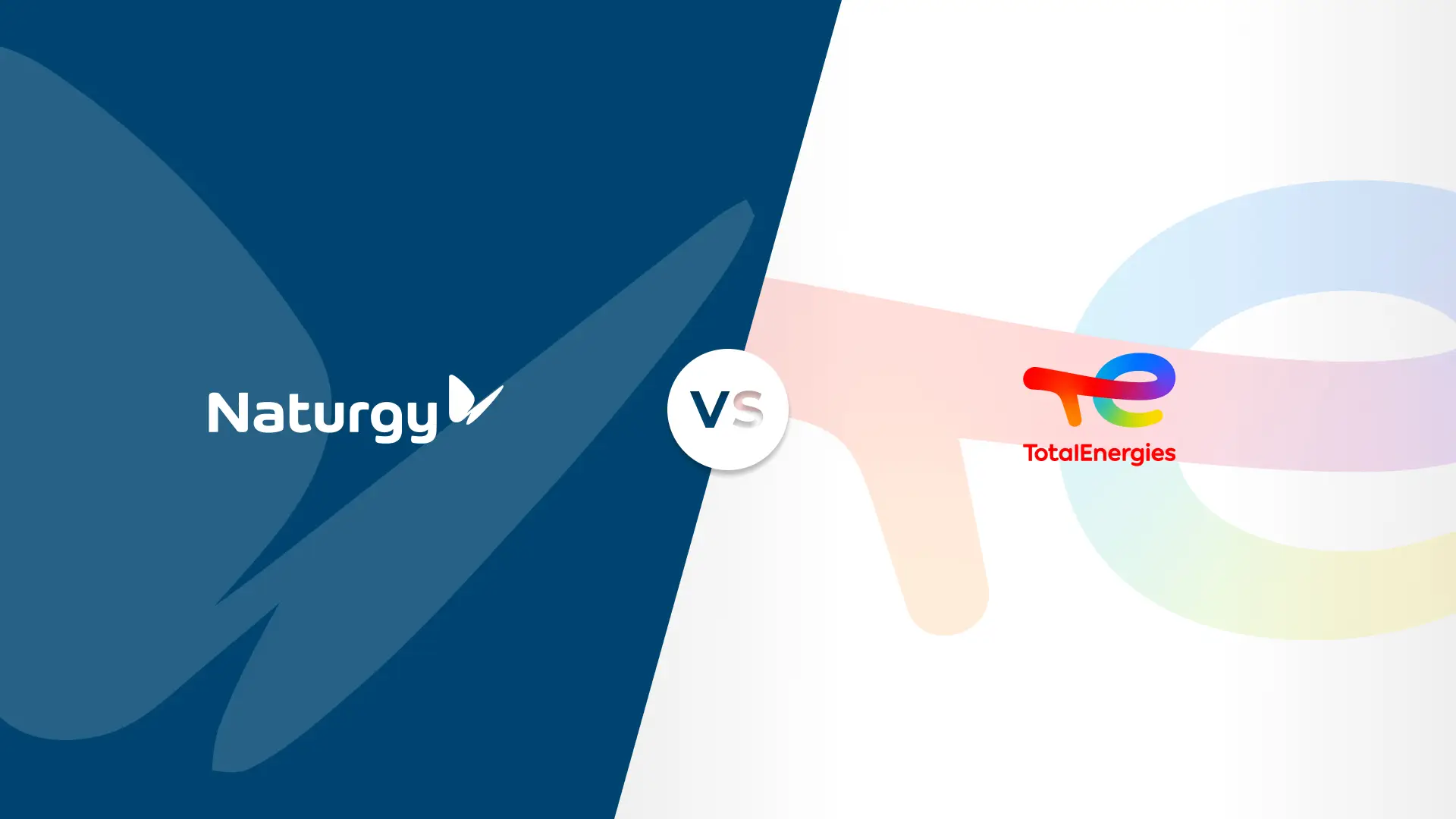 Logotipos y colores corporatipos de Naturgy y Totalenergies en un versus de comparativa de las compañías de energía. Logotipos y colores corporatipos de Naturgy y Totalenergies en un versus de comparativa de las compañías de energía.