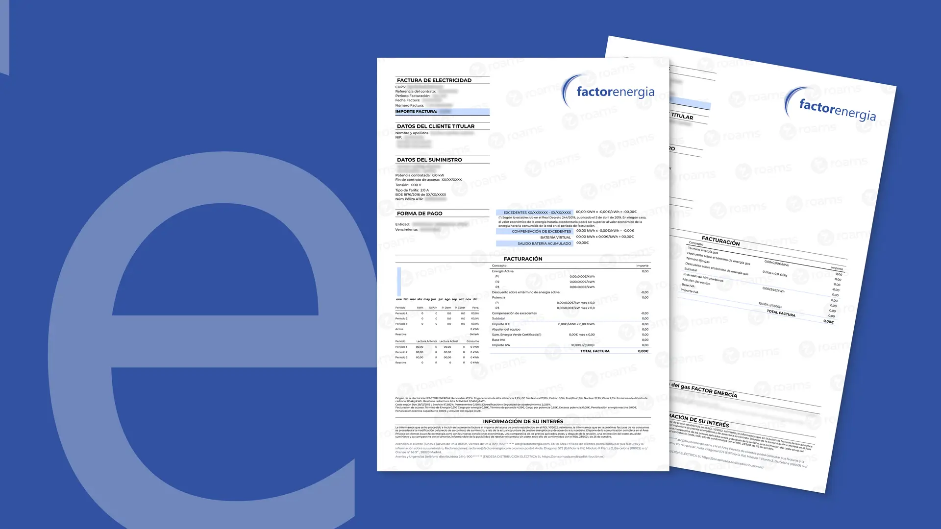 Simulación hecha por Roams de la factura de Factor Energía con los apartados de información.