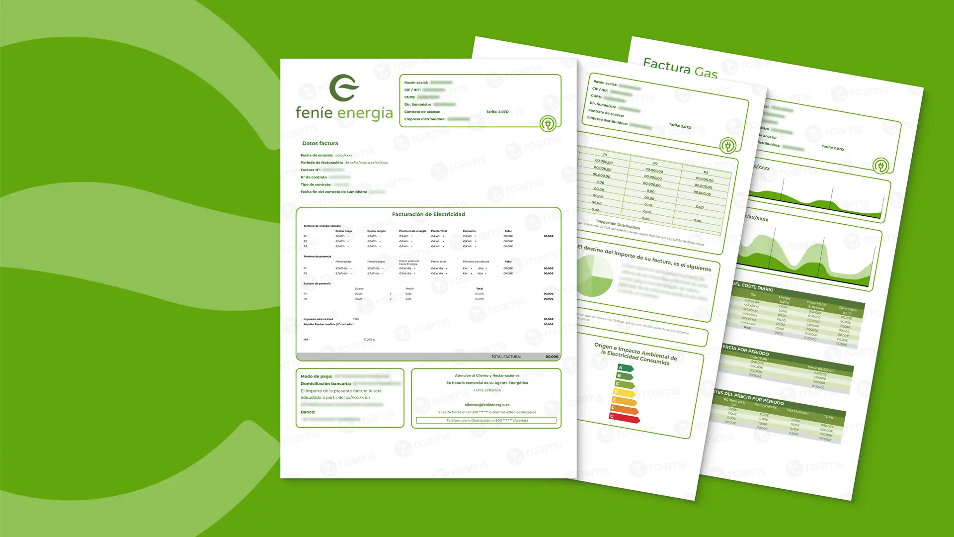 Simulación hecha por Roams de la factura de Fenie Energía con los apartados de información.