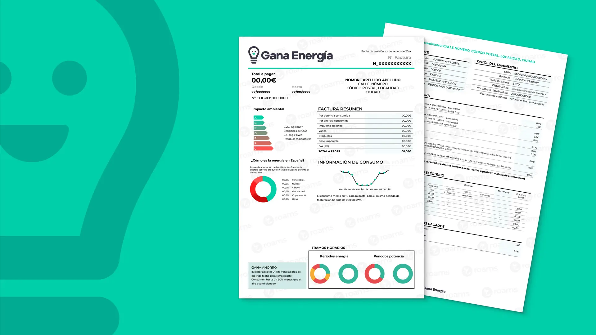 Simulación hecha por Roams de la factura de Gana Energía con los apartados de información. Simulación hecha por Roams de la factura de Gana Energía con los apartados de información.