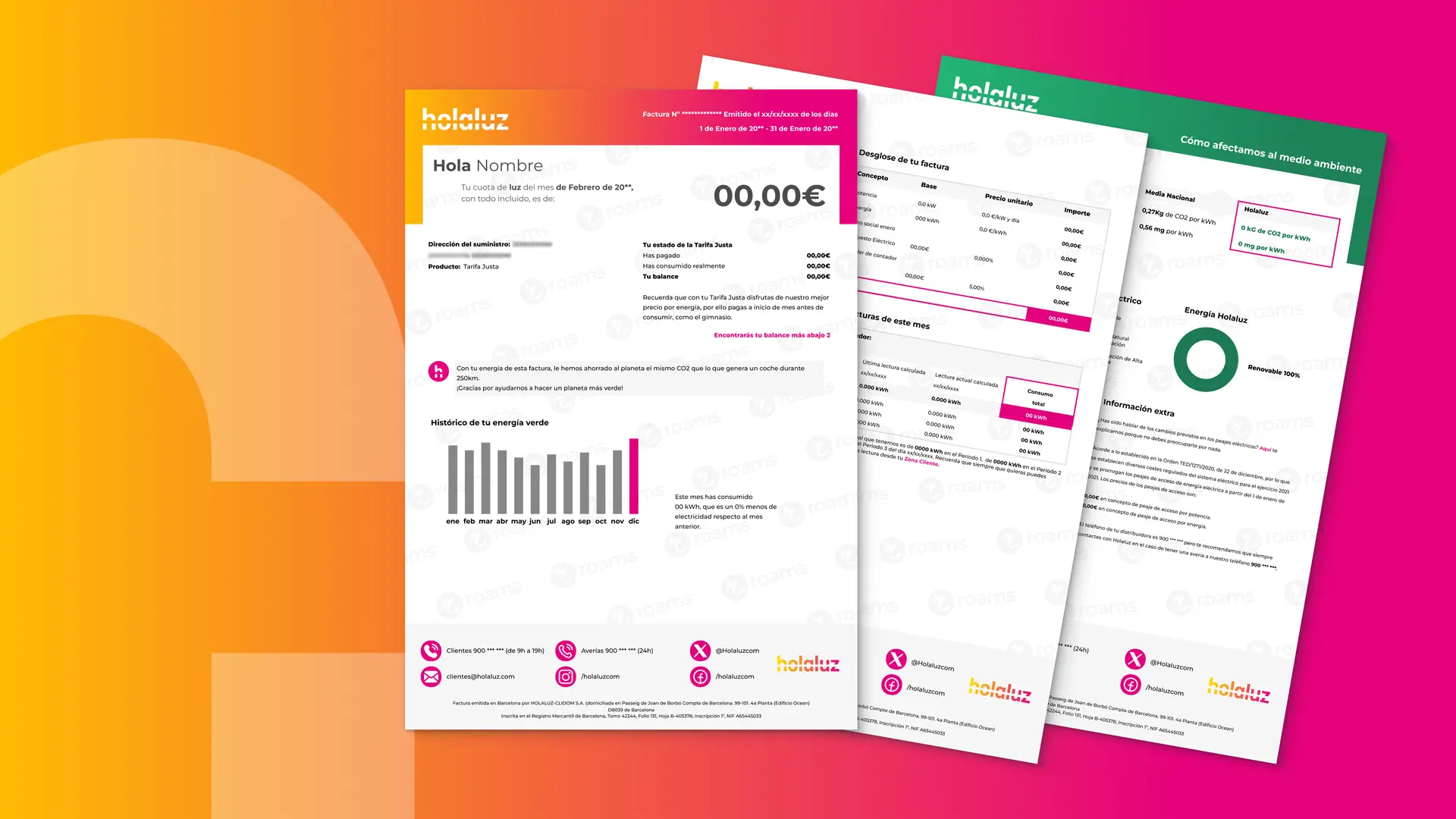 Simulación hecha por Roams de la factura de Holaluz con los apartados de información. Simulación hecha por Roams de la factura de Holaluz con los apartados de información.