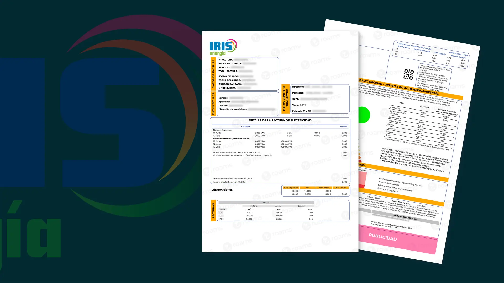 Simulación hecha por Roams de la factura de Iris Energía con los apartados de información. Simulación hecha por Roams de la factura de Iris Energía con los apartados de información.