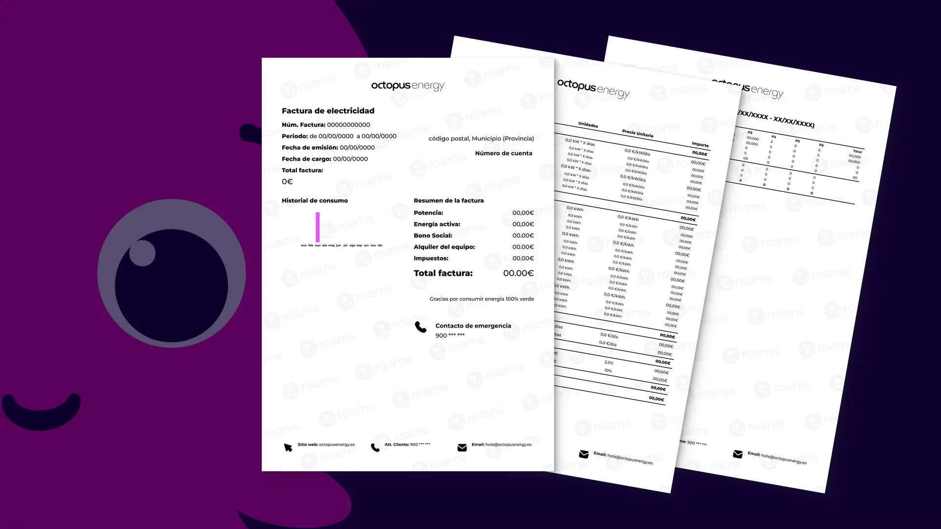 Simulación hecha por Roams de la factura de Octopus Energy con los apartados de información. Simulación hecha por Roams de la factura de Octopus Energy con los apartados de información.