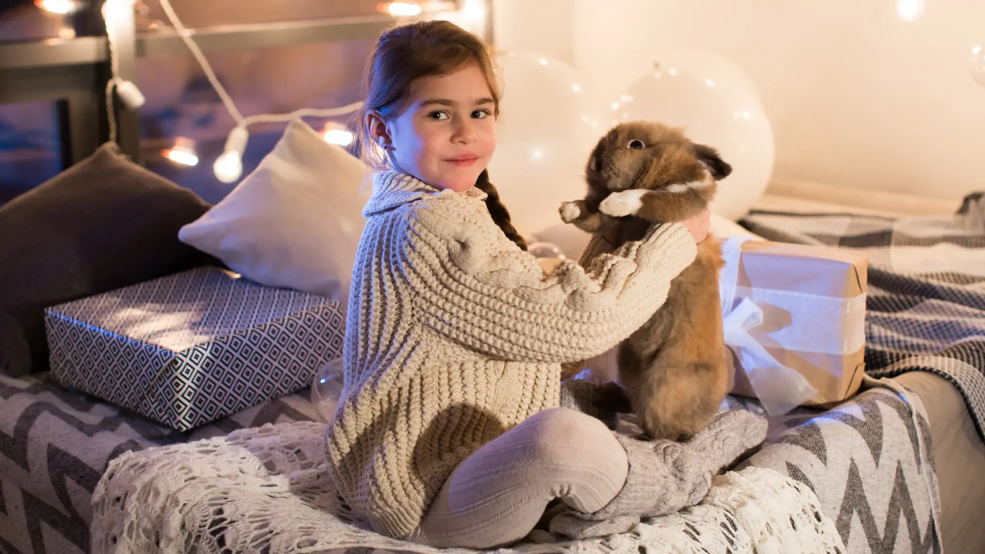 Niña sosteniendo en alto a su nueva mascota (un conejo) en una habitación iluminada por multitud de luces gracias a la tarifa Podo de su hogar Niña sosteniendo en alto a su nueva mascota (un conejo) en una habitación iluminada por multitud de luces gracias a la tarifa Podo de su hogar