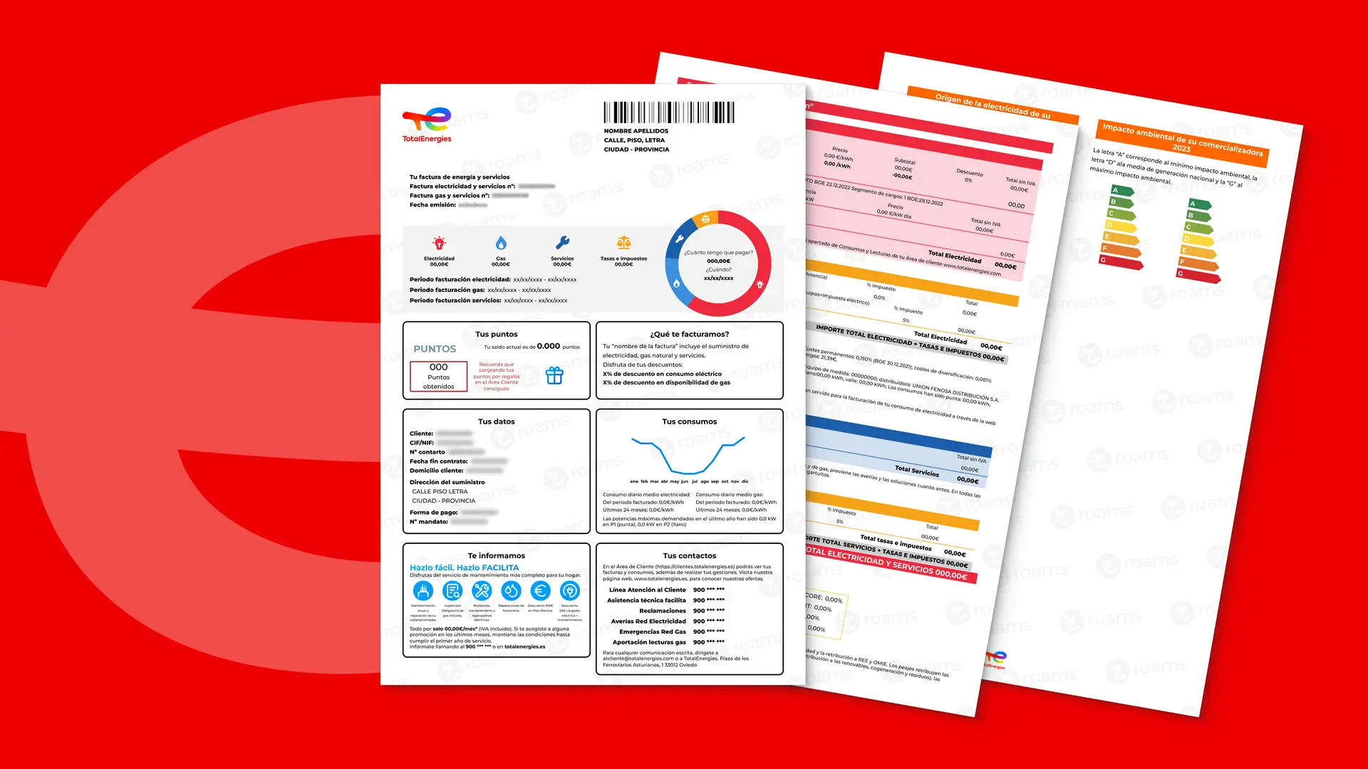 Simulación hecha por Roams de la factura de TotalEnergies con los apartados de información. Simulación hecha por Roams de la factura de TotalEnergies con los apartados de información.