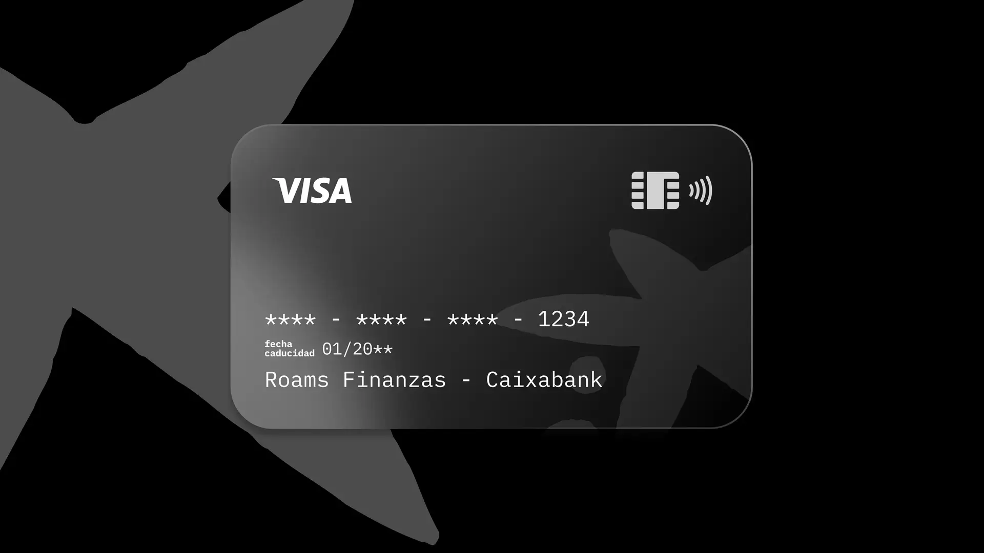 Simulación de una tarjeta de la entidad financiera Caixabank creada por Roams.