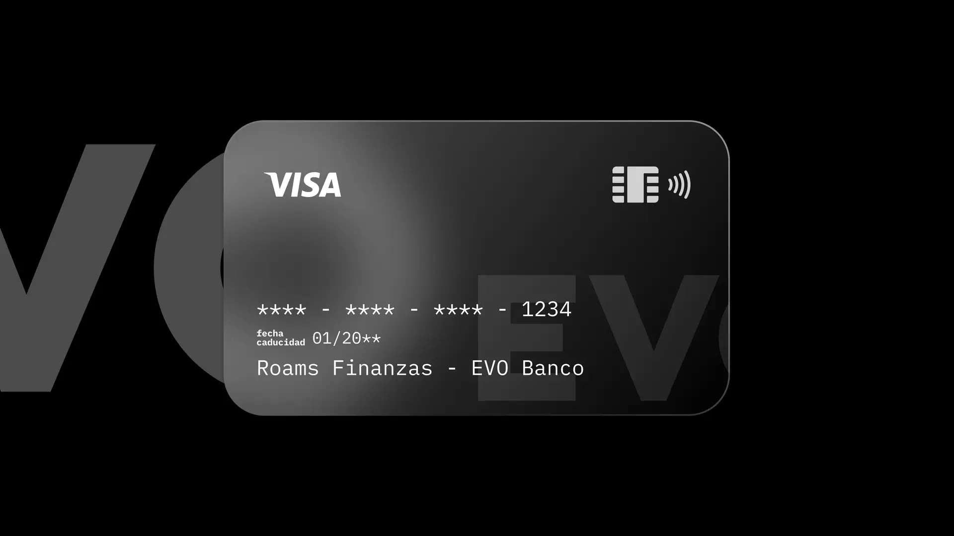 Simulación de una tarjeta de la entidad financiera EVO Banco creada por Roams.