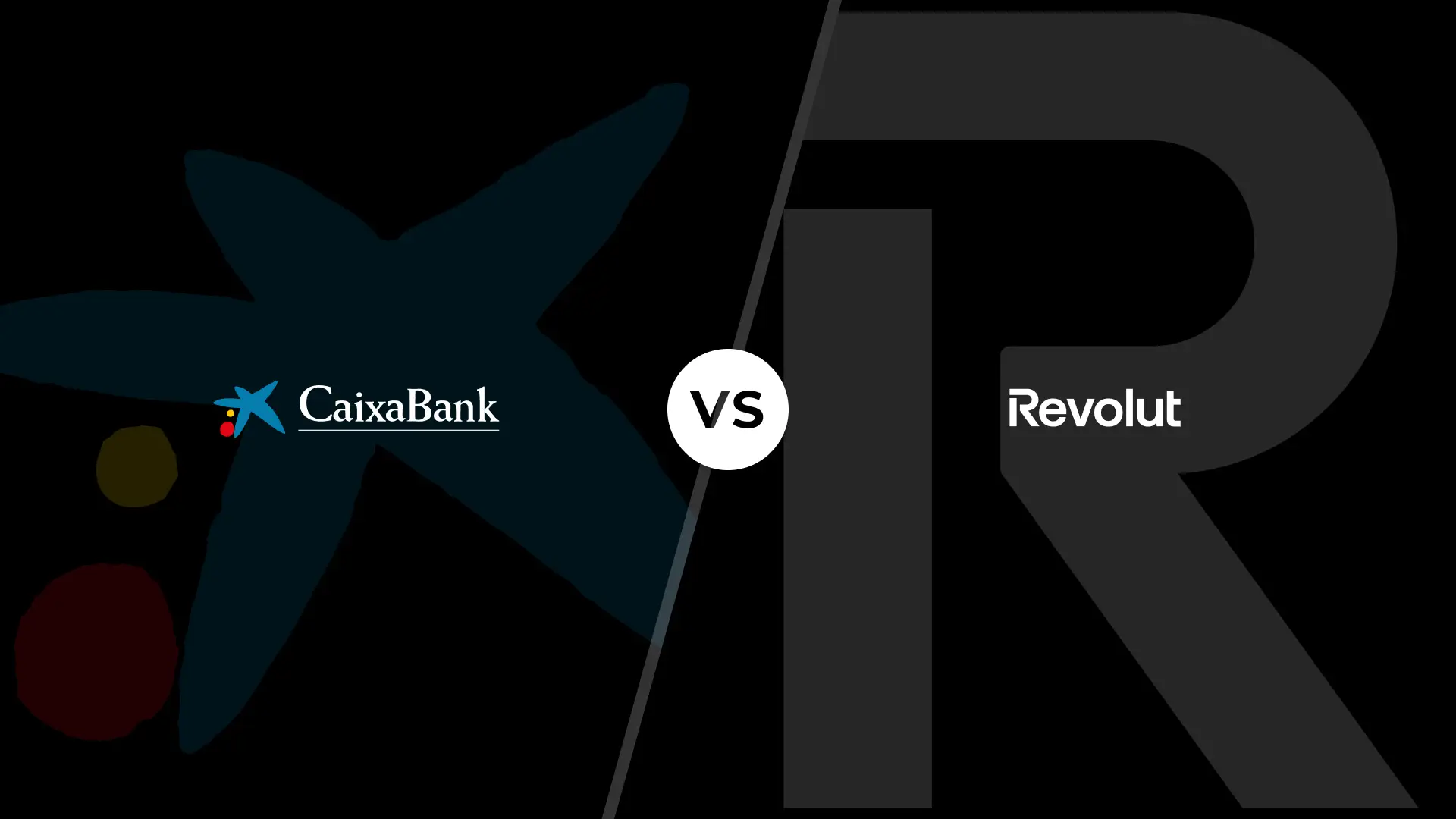 Logotipos y colores corporativos de Caixabank y Revolut en un versus de comparativa de las entidades financieras.