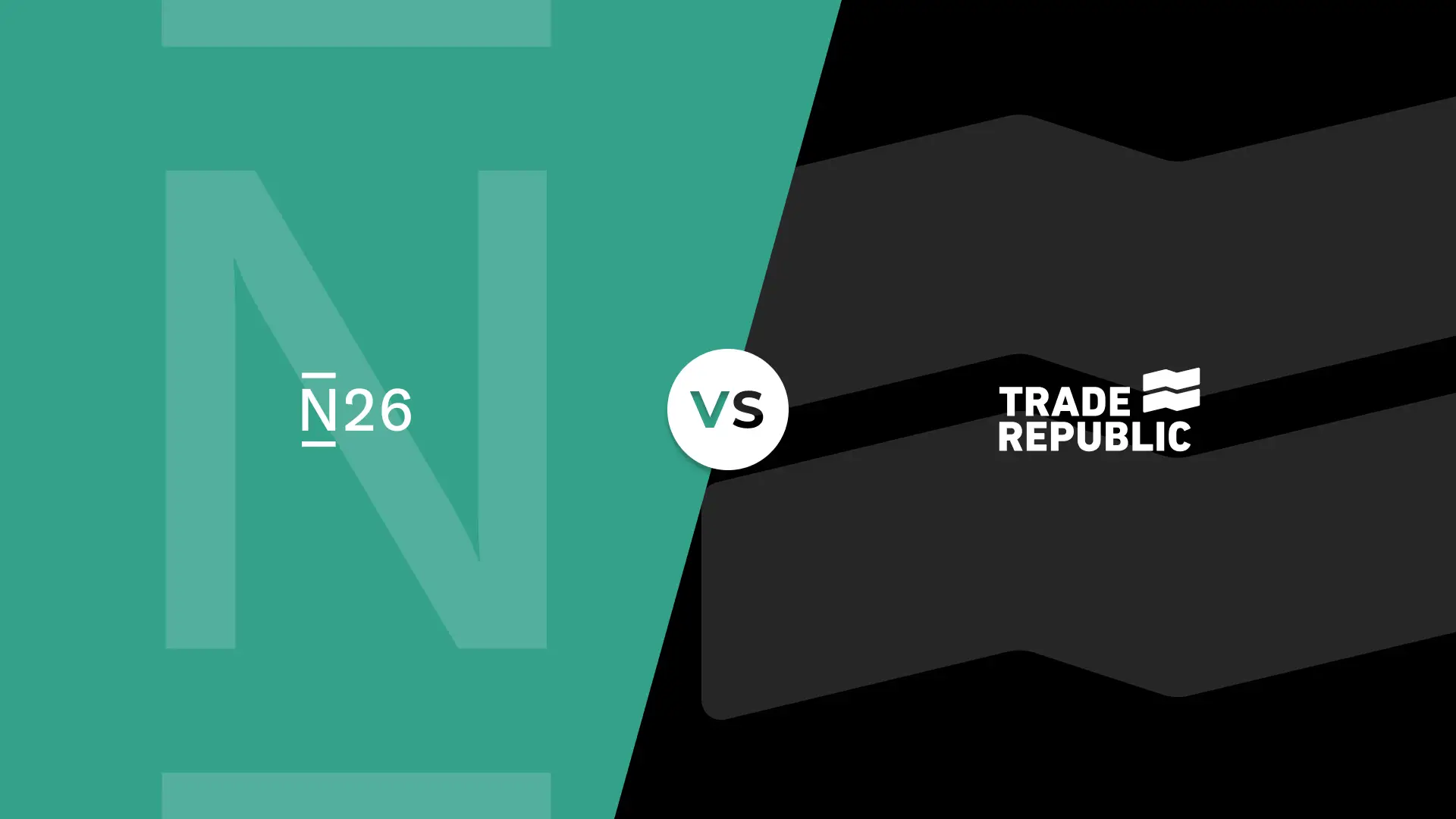 Logotipos y colores corporativos de N26 y Trade Republic en un versus de comparativa de las entidades financieras.