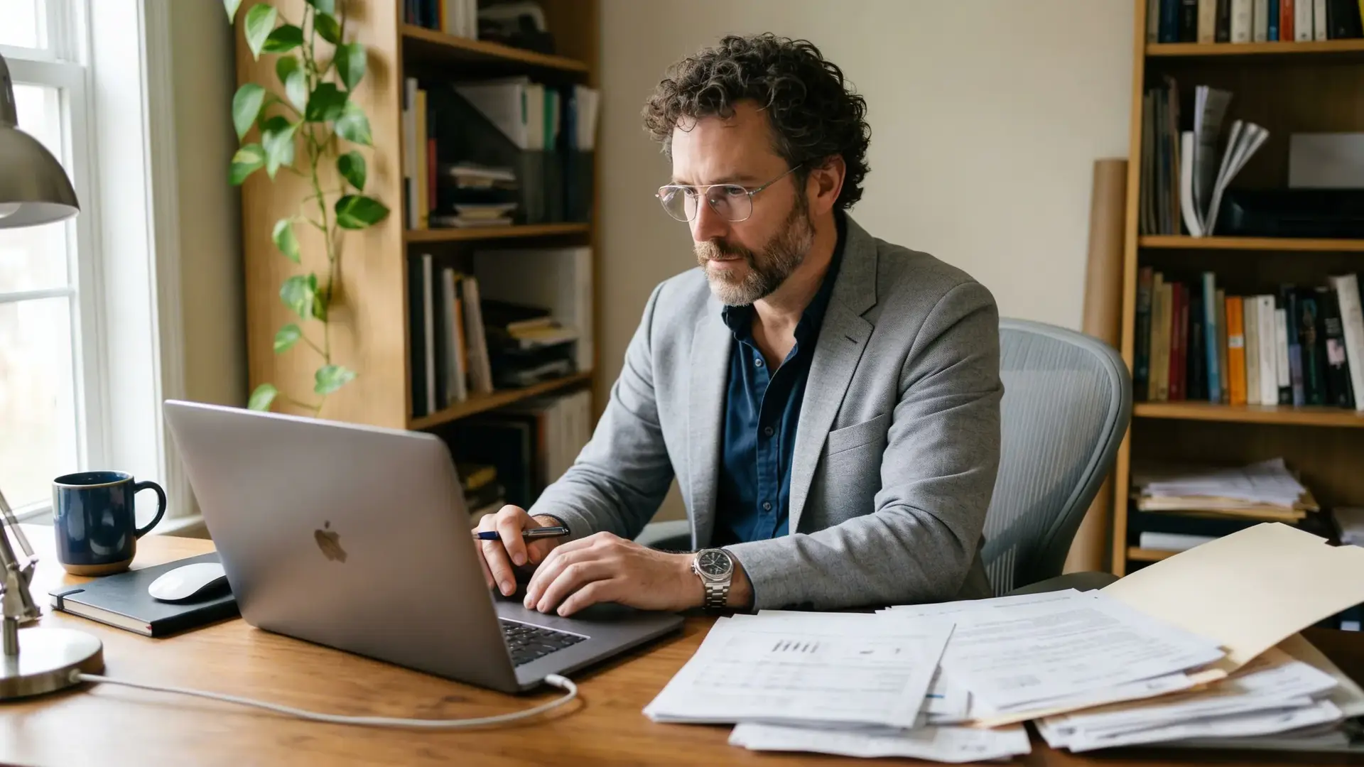 Autónomo revisando documentación sobre su plan de pensiones en un ordenador portátil desde su despacho Autónomo revisando documentación sobre su plan de pensiones en un ordenador portátil desde su despacho