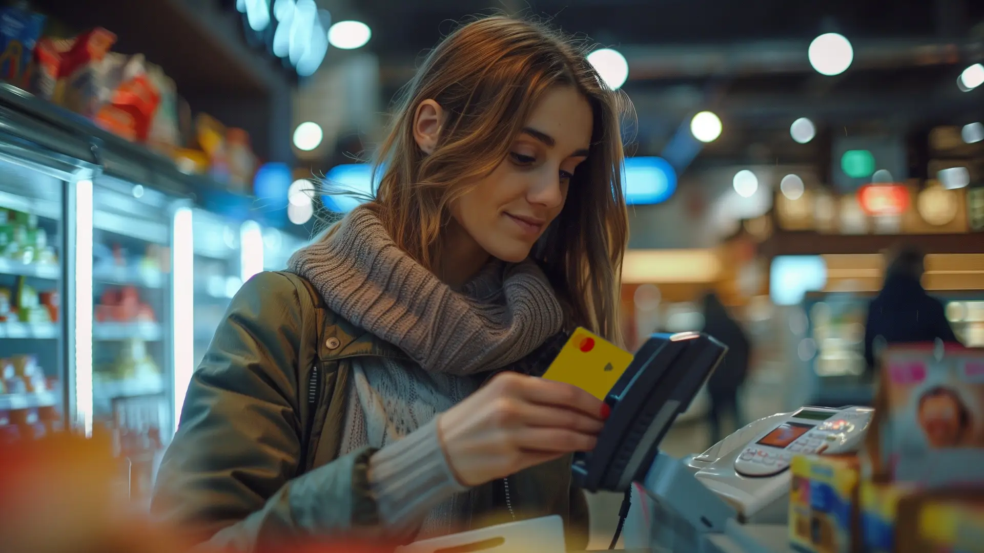  Una joven paganado en un supermercado con su tarjeta de crédito de prepago. 