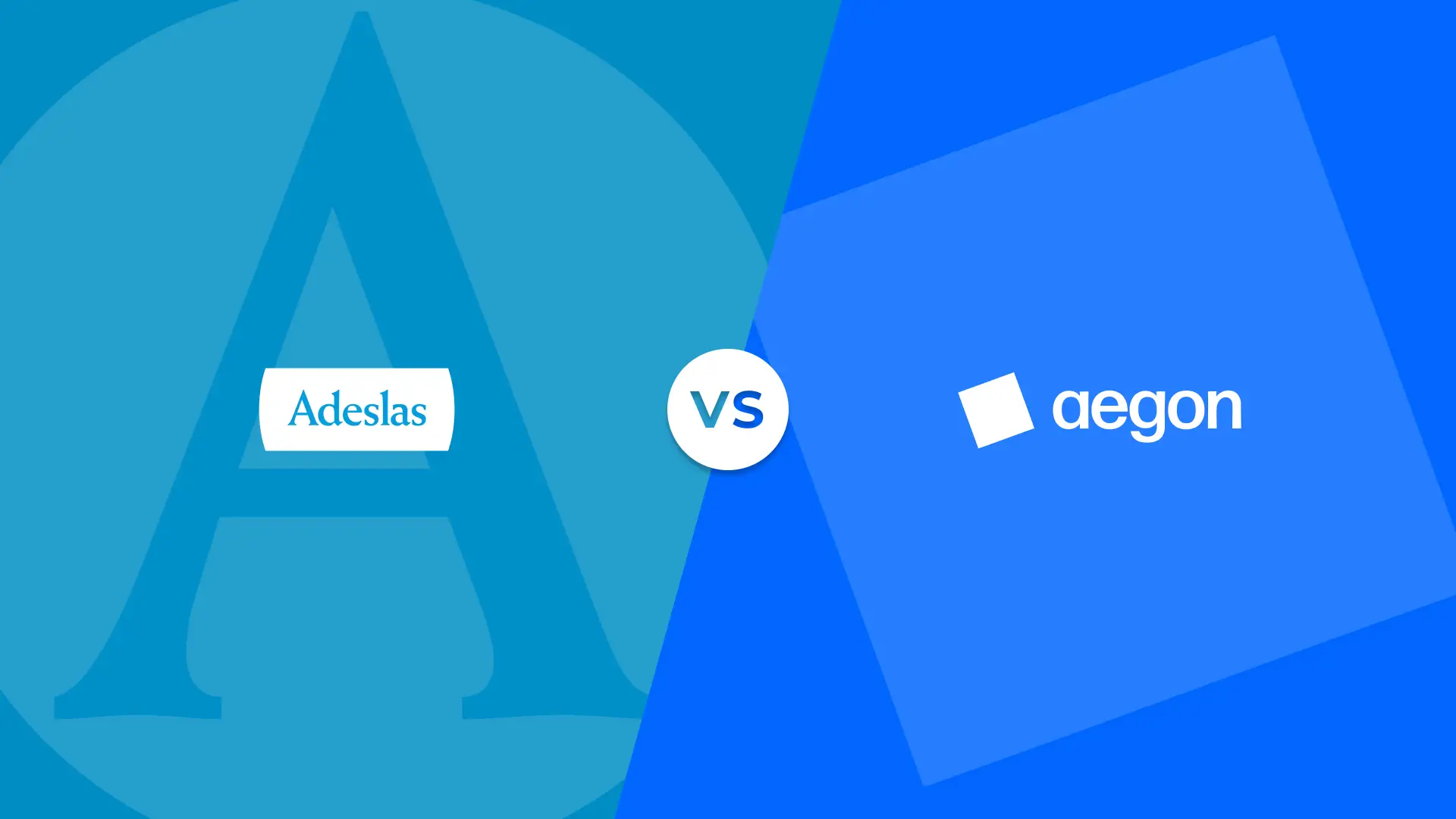 Logotipos y colores corporatipos de Adelas y Aegon en un versus de comparativa de las aseguradoras.