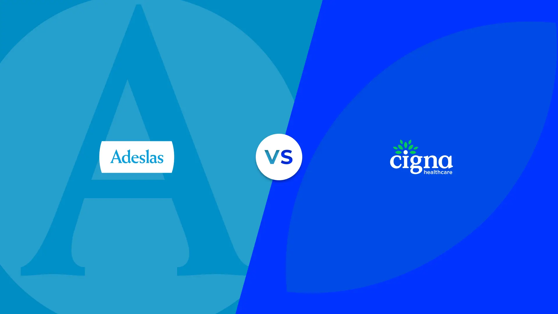 Logotipos y colores corporatipos de Adelas y Cigna en un versus de comparativa de las aseguradoras.