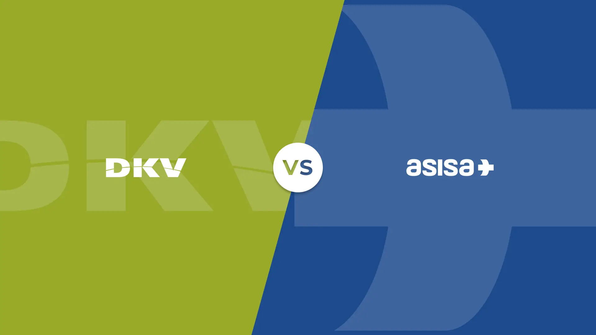 Logotipos y colores corporatipos de DKV y Asisa en un versus de comparativa de las aseguradoras. Logotipos y colores corporatipos de DKV y Asisa en un versus de comparativa de las aseguradoras.