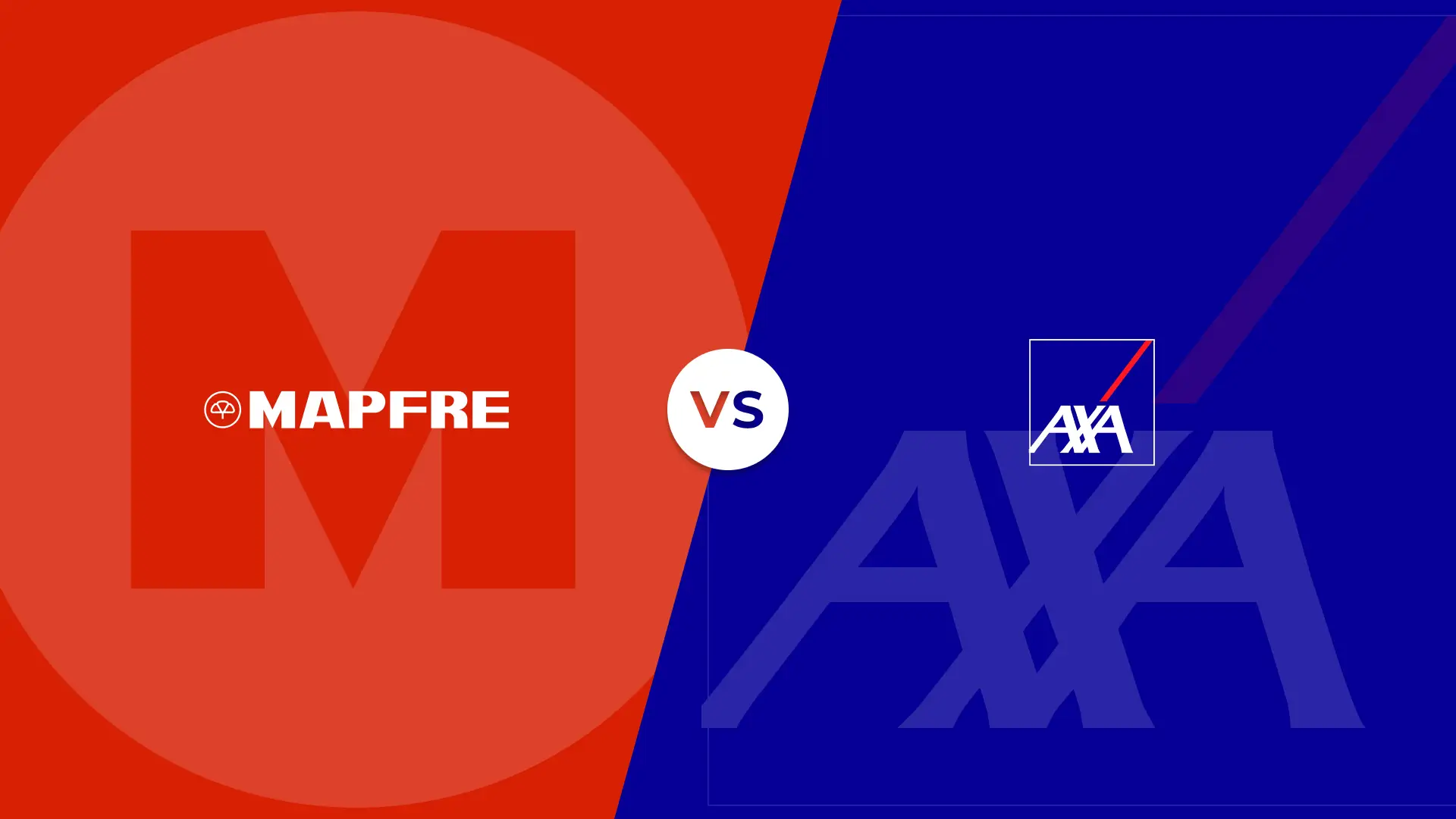 Logotipos y colores corporatipos de Mapfre y Axa en un versus de comparativa de las aseguradoras.