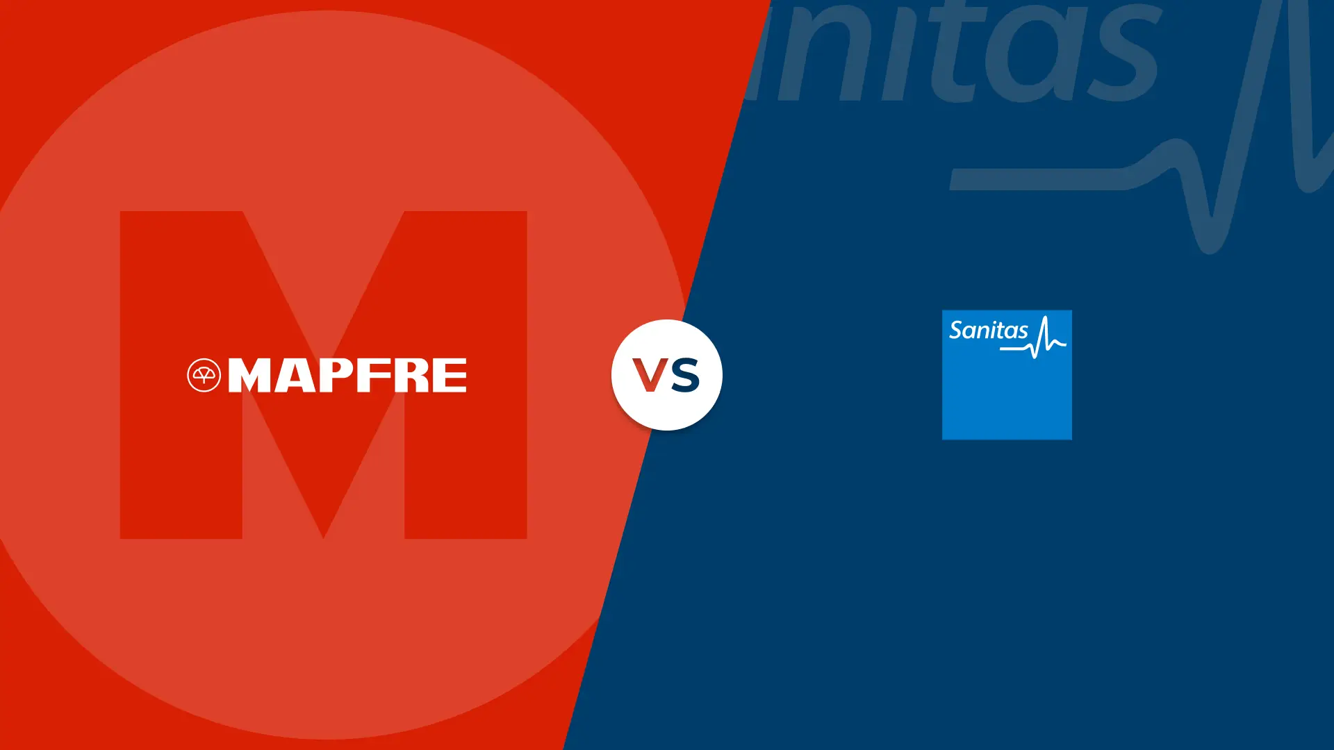 Logotipos y colores corporatipos de Mapfre y Sanitas en un versus de comparativa de las aseguradoras.