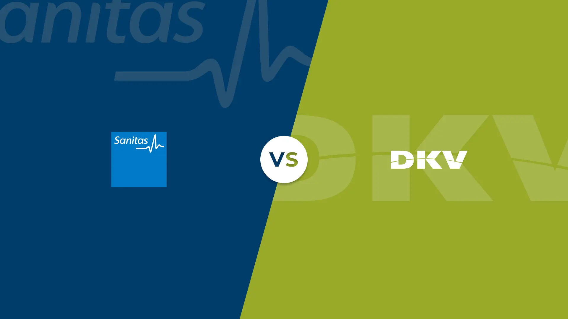 Logotipos y colores corporatipos de Sanitas y DKV en un versus de comparativa de las aseguradoras.