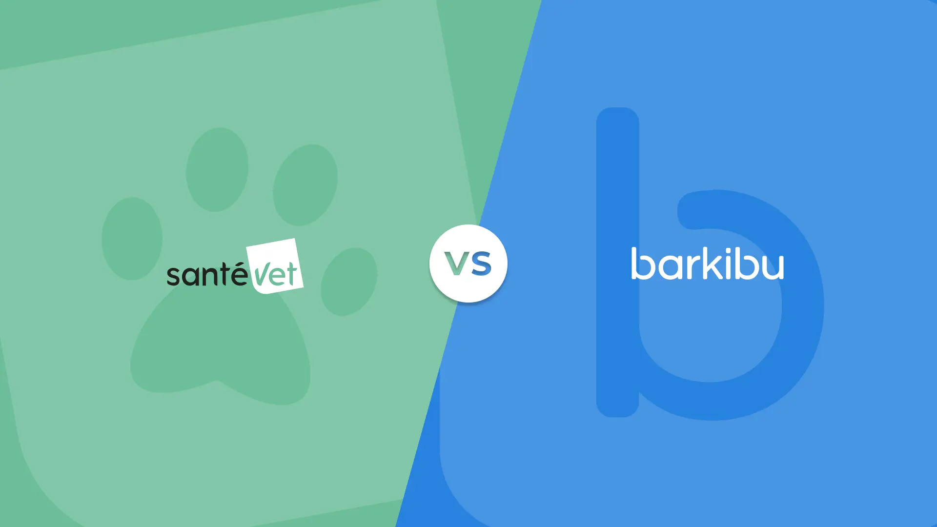 Logotipos y colores corporatipos de Santevet y Barkibu en un versus de comparativa de las aseguradoras.