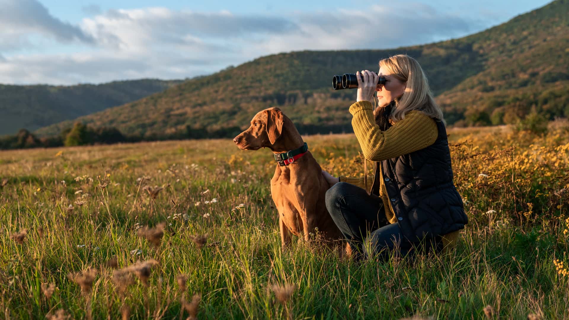 Mujer con prismáticos junto a su perro en una salida de caza, con la tranquilidad de contar con un seguro de caza de mapfre