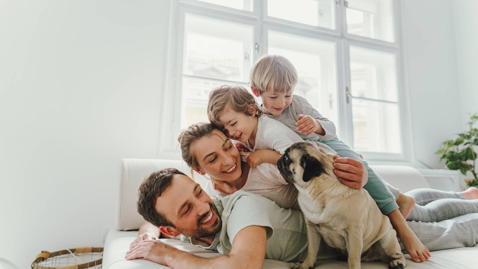 Familia alegre en su casa con su mascota y con seguro de hogar platino de mapfre Familia alegre en su casa con su mascota y con seguro de hogar platino de mapfre