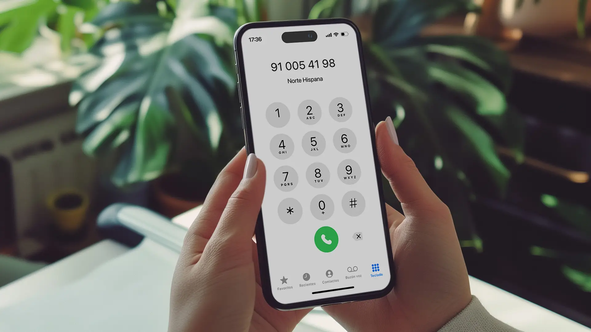 Pantalla de un móvil llamando al 91 005 41 98 que es el número de atención al cliente de Norte Hispana.