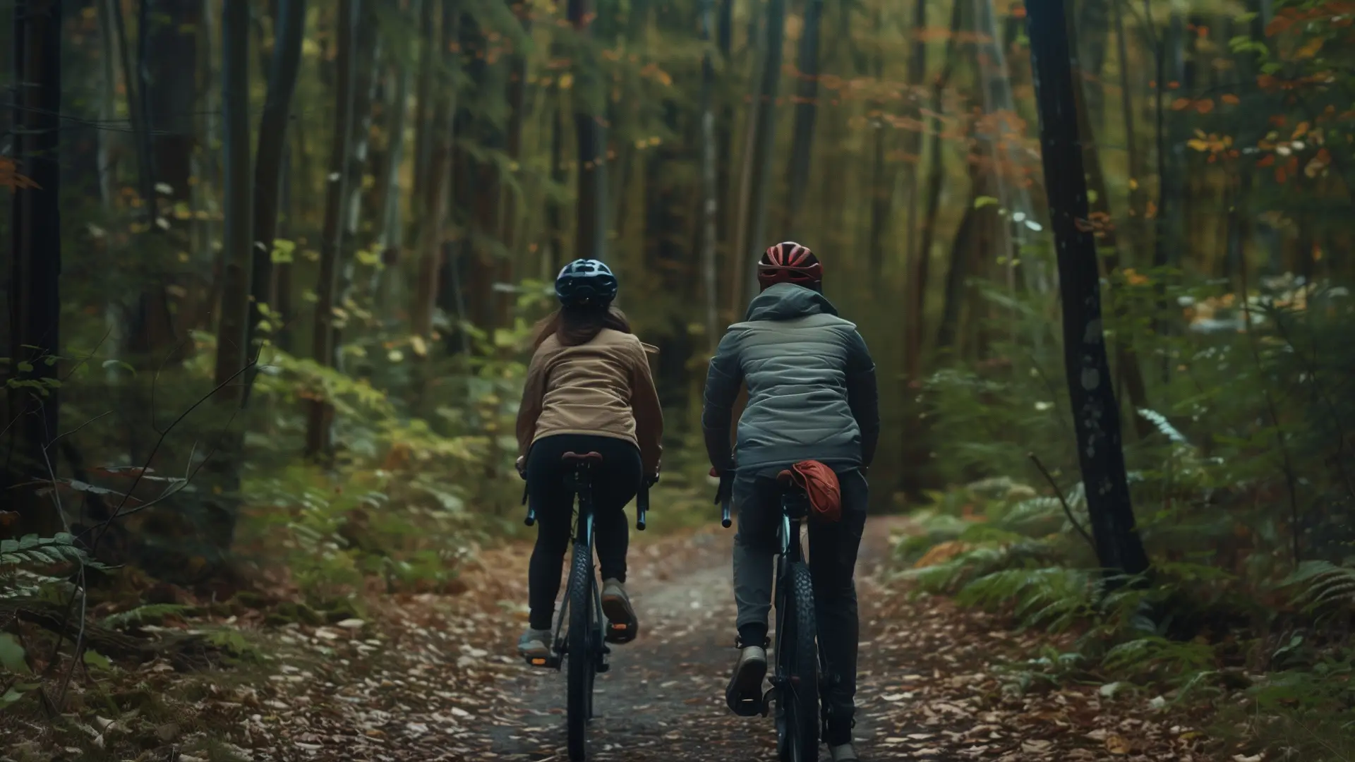 Dos ciclistas disfrutando de un paseo por el bosque tranquilos porque tienen un seguro de bicicleta de RACC. Dos ciclistas disfrutando de un paseo por el bosque tranquilos porque tienen un seguro de bicicleta de RACC.