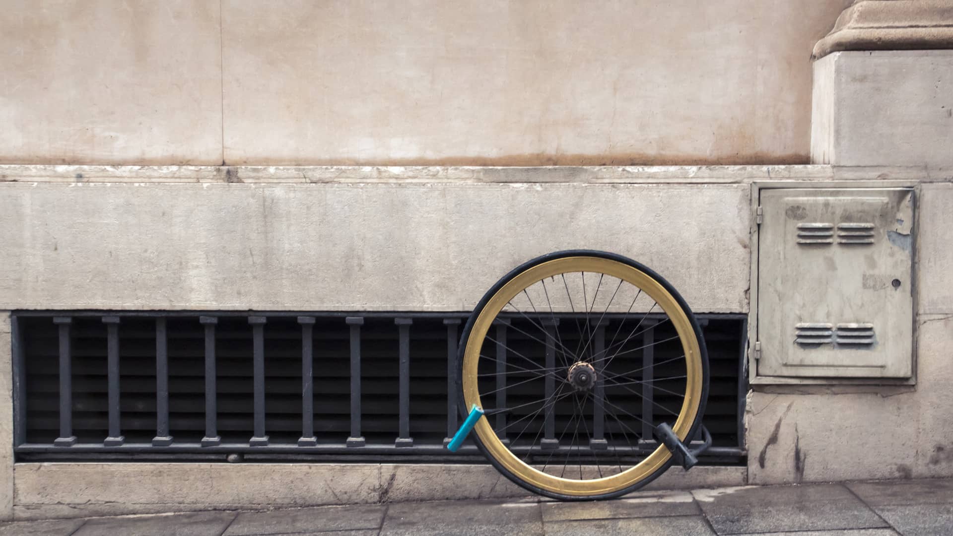 Rueda a la cual le falta el resto de bicicleta porque la han robado y se encontraba sín seguro Rueda a la cual le falta el resto de bicicleta porque la han robado y se encontraba sín seguro