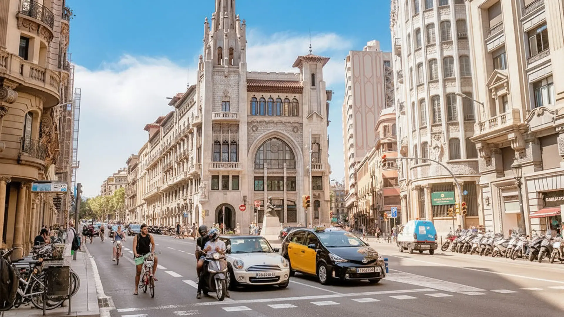Calle céntrica de Barcelona con un taxi amarillo y negro, bicicletas y otros vehículos en circulación.