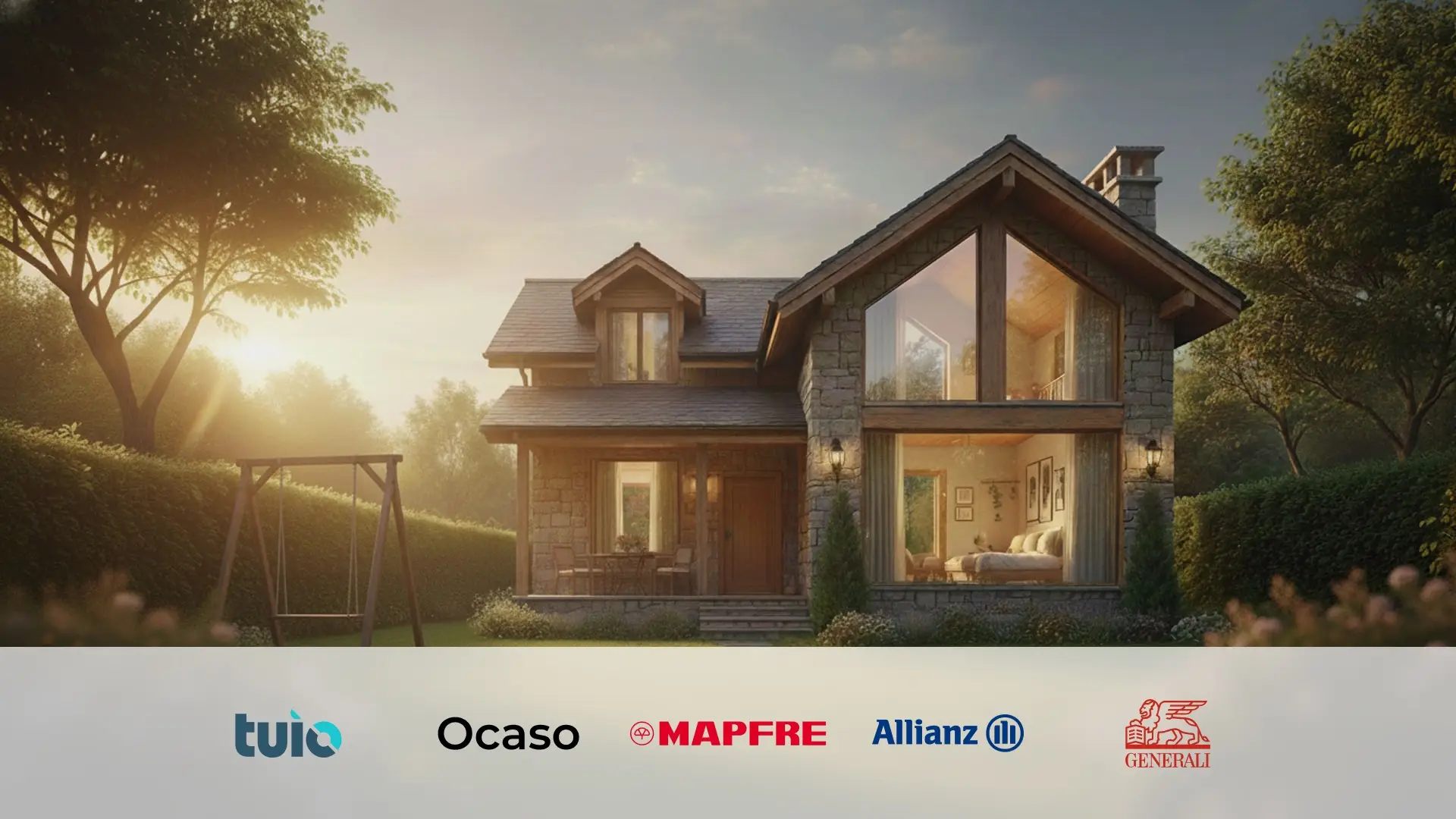 Chalet de estilo rústico al atardecer y logos de aseguradoras como Tuio, Ocaso, MAPFRE, Allianz y Generali, para seguros de hogar. Chalet de estilo rústico al atardecer y logos de aseguradoras como Tuio, Ocaso, MAPFRE, Allianz y Generali, para seguros de hogar.