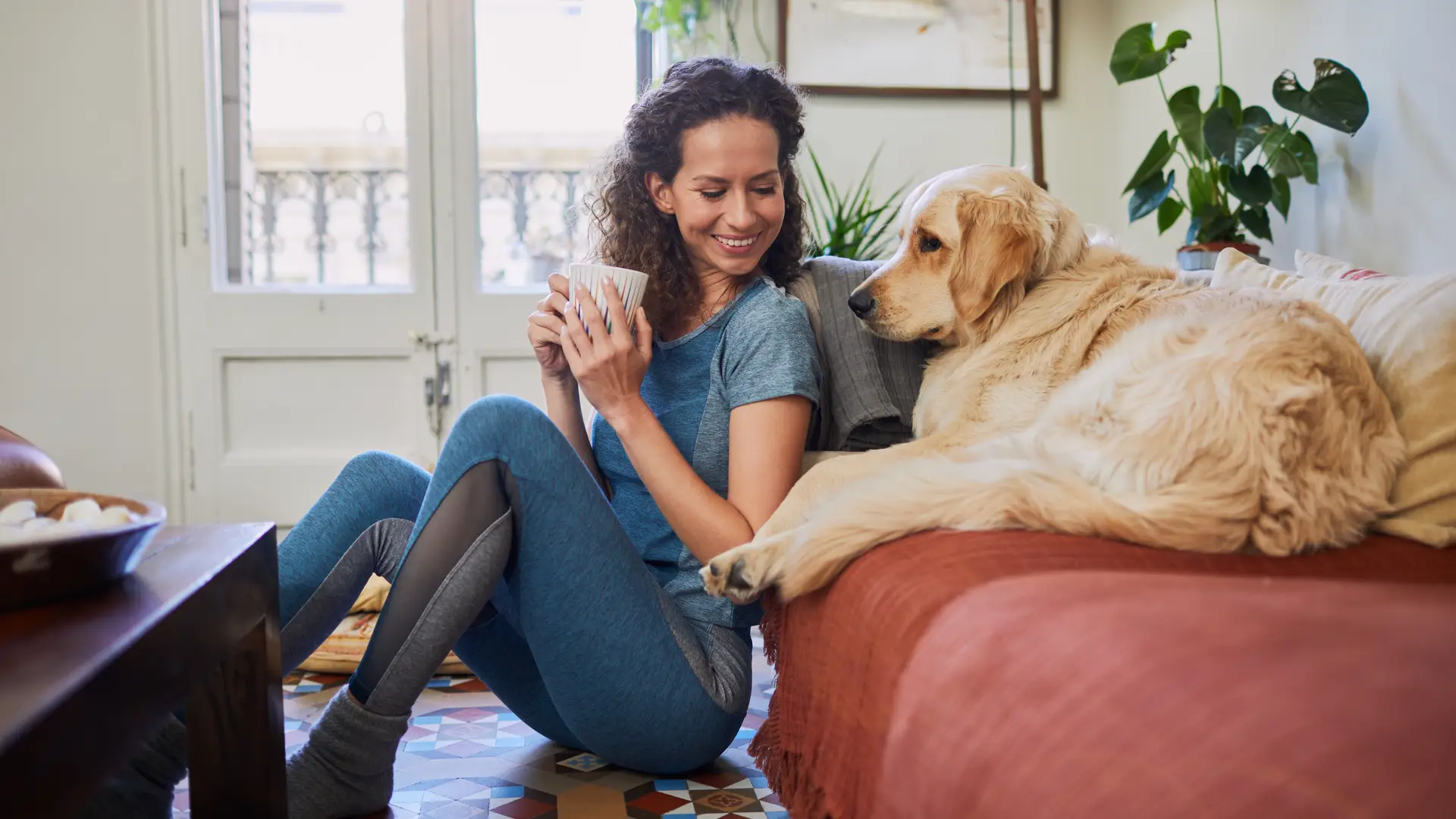 Inquilina de piso de alquiler  sonriendo a su mascota con seguro contratado Inquilina de piso de alquiler  sonriendo a su mascota con seguro contratado