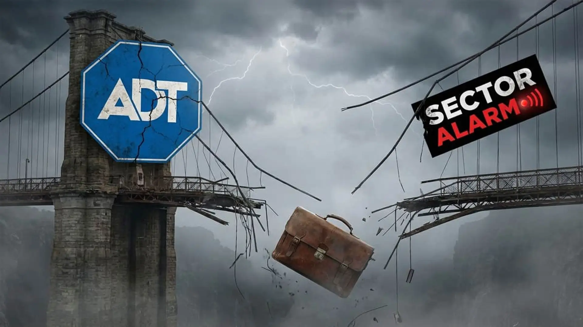 Ilustración de puente roto con logos de ADT y Sector Alarm representando conflicto empresarial.