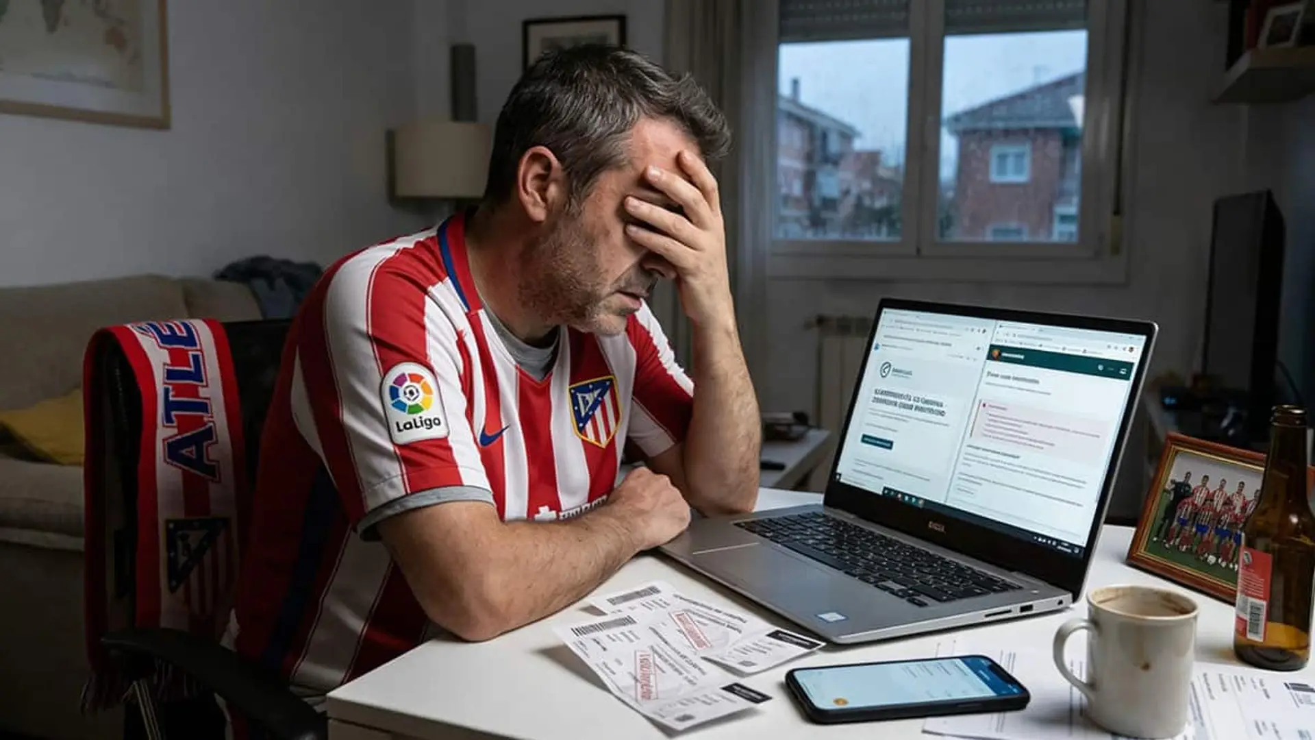 Hombre con camiseta del Atlético de Madrid sentado frente a un ordenador portátil con entradas y papeles sobre la mesa