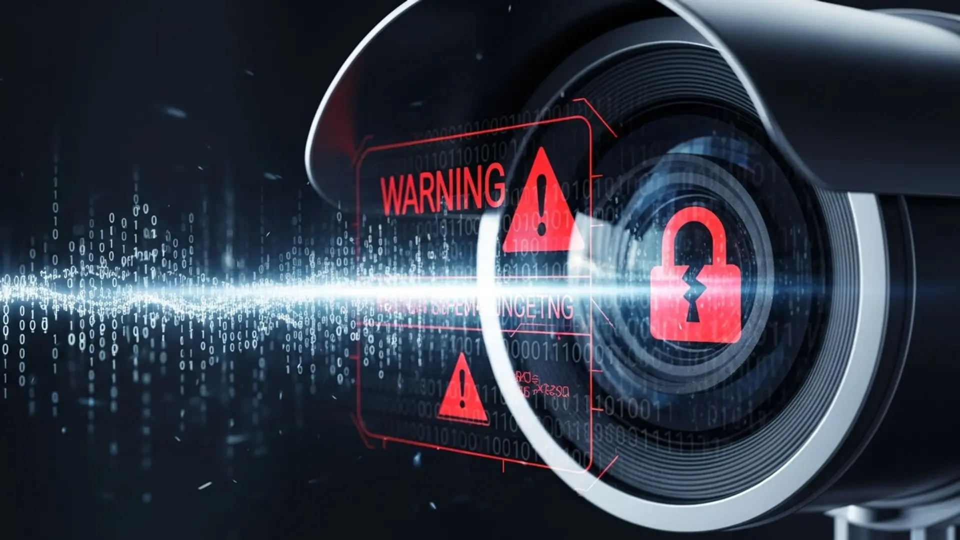 Alarmas con cámara en tu hogar: una grieta para que los cibercriminales se queden con tus datos Primer plano de una cámara de seguridad hackeada, mostrando una alerta de Warning y un candado roto sobre código binario.