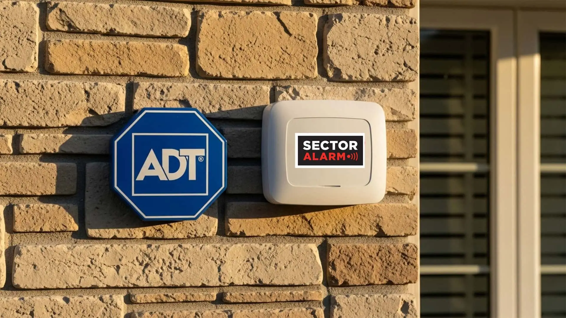 ¿Qué pasará con tu alarma si Sector Alarm compra ADT? Así podría cambiar el sector de la seguridad Placa de alarma de ADT y sirena de Sector Alarm en la fachada de una casa. Seguridad y protección del hogar.