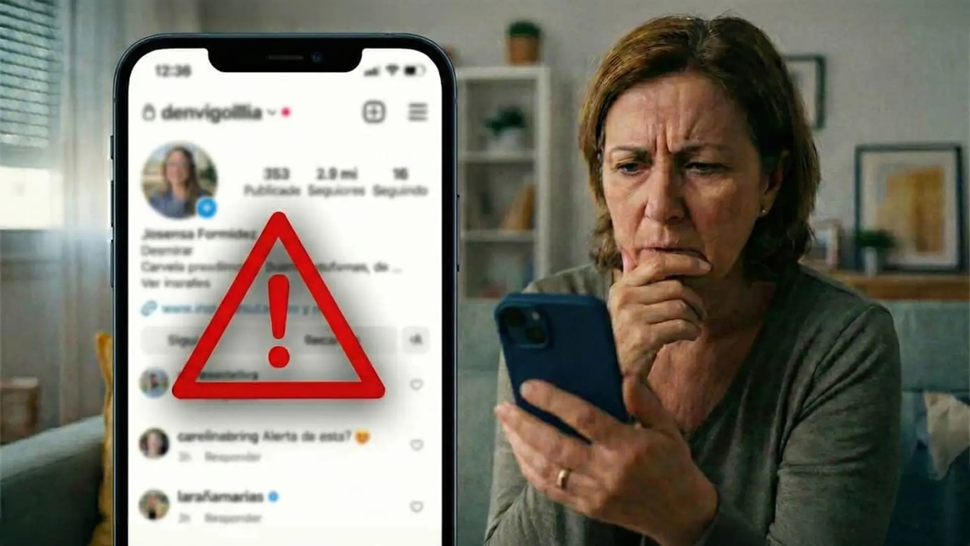 Alerta de estafa en Instagram con mujer preocupada mirando su teléfono móvil.