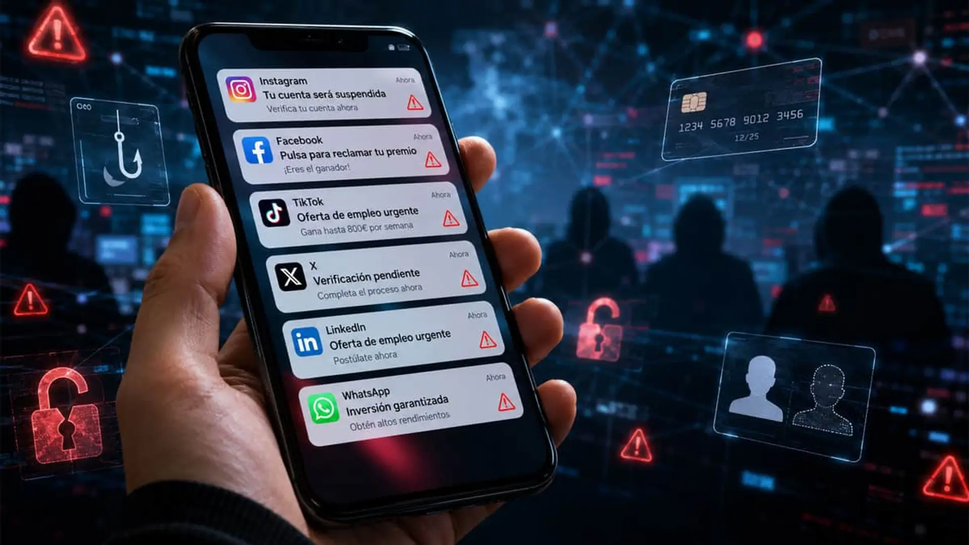 Hoy es el Día Mundial de las Redes Sociales: los 10 fraudes más habituales y cómo evitar caer en cada uno Móvil con alertas de phishing y fraudes en redes sociales en entorno de ciberseguridad