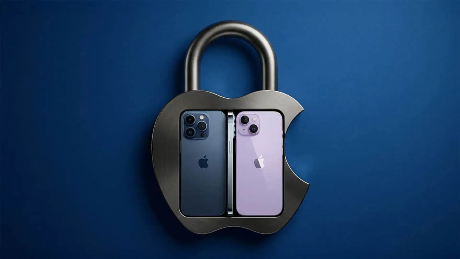iPhones protegidos por un candado con forma de logo de Apple para representar la ciberseguridad y privacidad móvil.