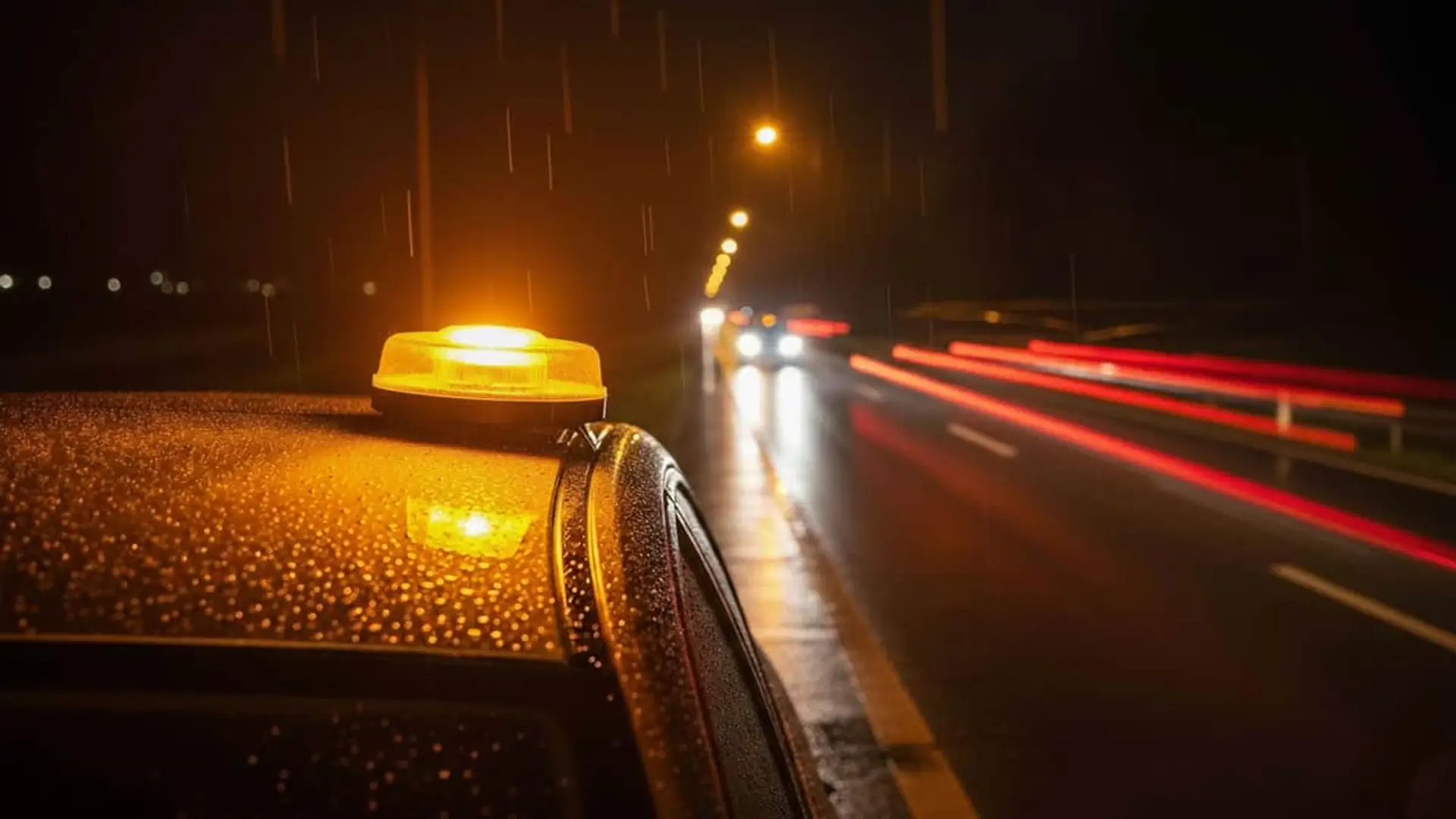 Así es la baliza V16: para qué vehículos es obligatoria, cómo usarla y multas por no llevarla Baliza de emergencia activada sobre el techo de un coche detenido en el arcén en una noche de lluvia mientras pasan los coches.
