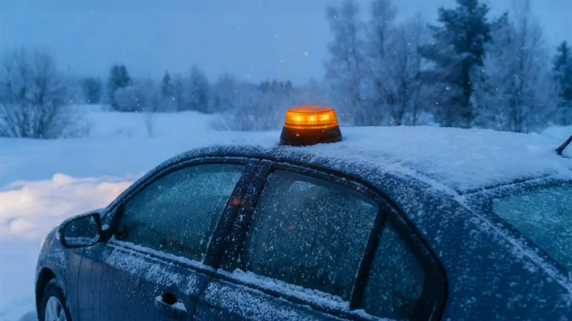 Alerta de invierno con las balizas V16: por qué pueden dejar de funcionar bajo cero Coche cubierto de nieve en invierno con una baliza V16 encendida sobre el techo.