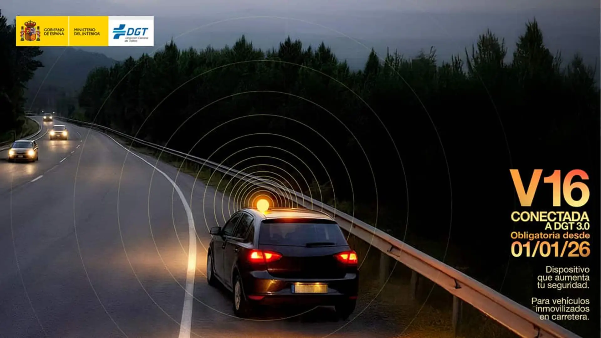 La baliza V16 ya es obligatoria, pero no para todos: la DGT aclara en qué casos no es necesaria Imagen informativa de la DGT sobre la baliza V16, en la que se ve un coche oscuro con el dispositivo conectado