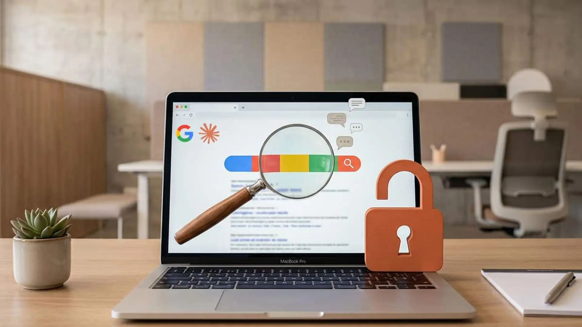 Un fallo de Claude en Google expone miles de chats con historiales médicos, claves cripto y datos de menores Ordenador portátil con una búsqueda de Google, una lupa sobre la pantalla y un candado abierto sobre el teclado