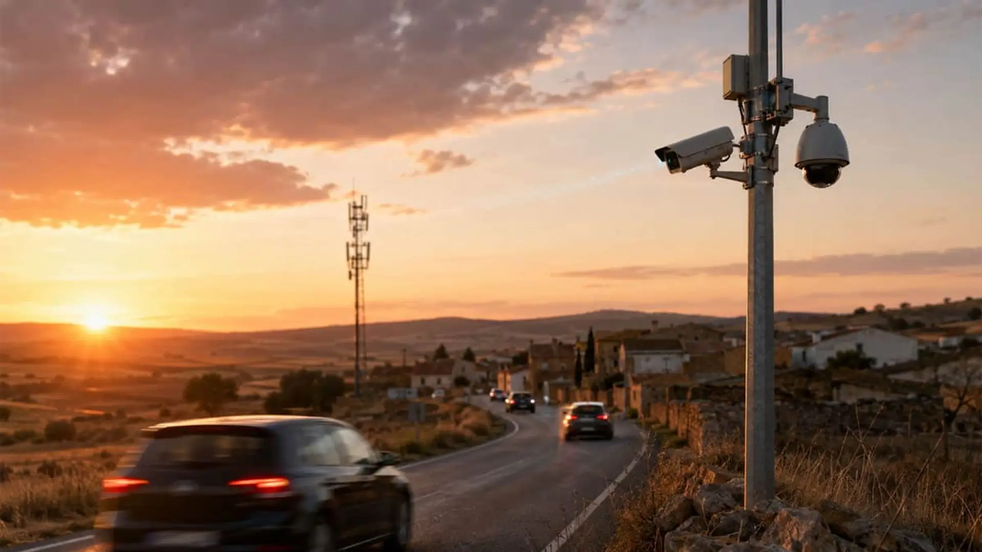 Cámaras de vigilancia en carretera rural al atardecer con vehículos, pueblo y torre de telecomunicaciones.